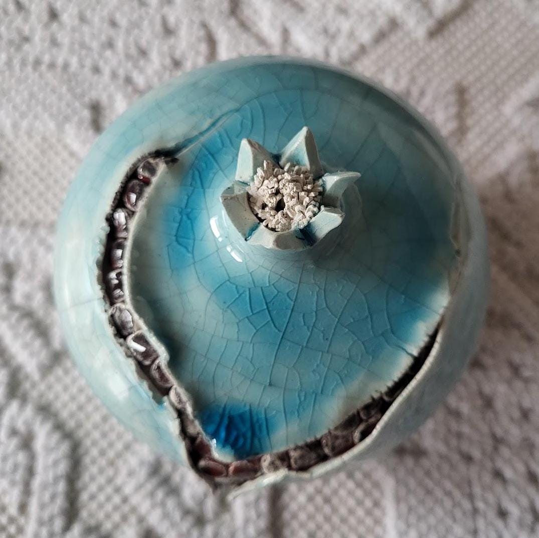 Unique Pomegranate Ornament | Turquoise Craquelé Finish | Handcrafted Ceramic