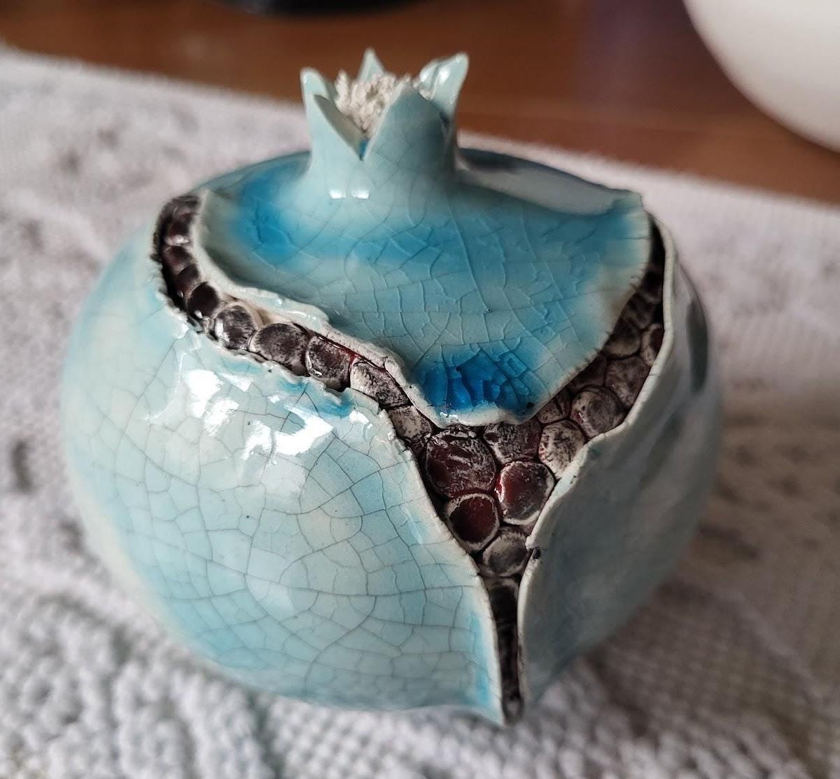 Unique Pomegranate Ornament | Turquoise Craquelé Finish | Handcrafted Ceramic